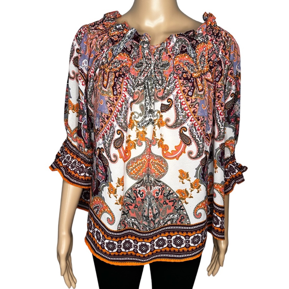 Moon orchid 3/4 sleeve smock neck off shoulder paisley print top size PXL